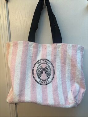 Victoria's Secret Pink and White Striped Beach Tote with Black Logo